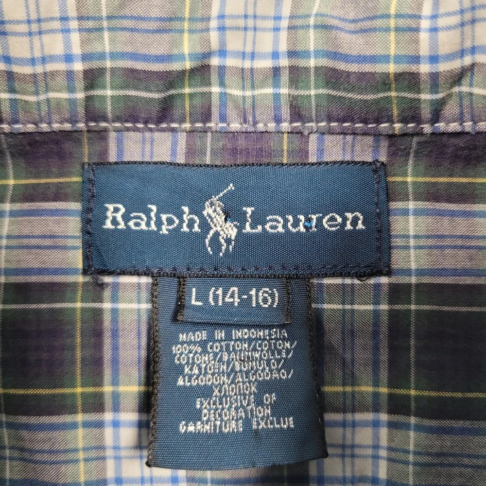 Ralph Lauren Boys Large 14-16 Plaid Button Down Shirt Green Blue Long Sleeve